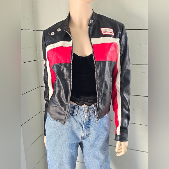 NWT Forever 21  Moto Sport Colorblock Faux Leather Jacket Size Small - Picture 2 of 9